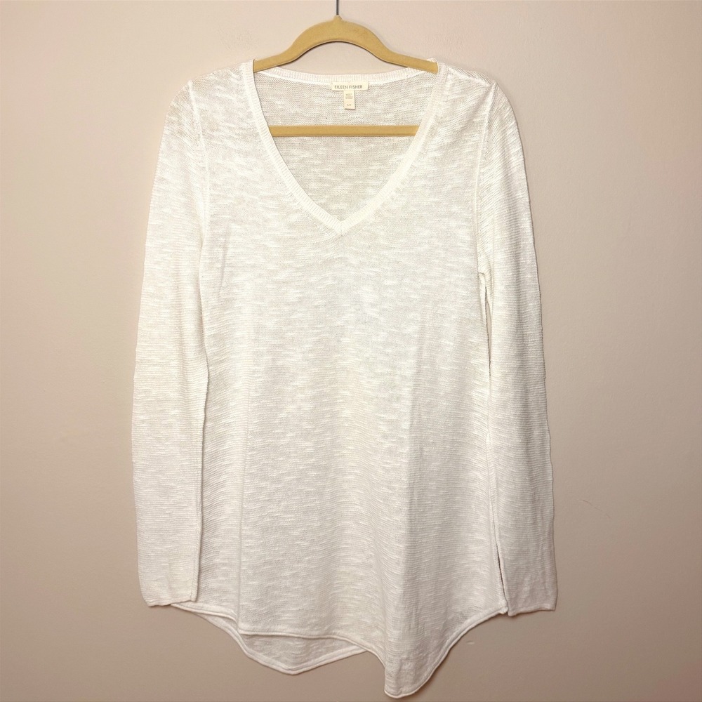 Women's Eileen Fisher Organic Cotton Linen White Long Sleeve V Neck Top SZ S